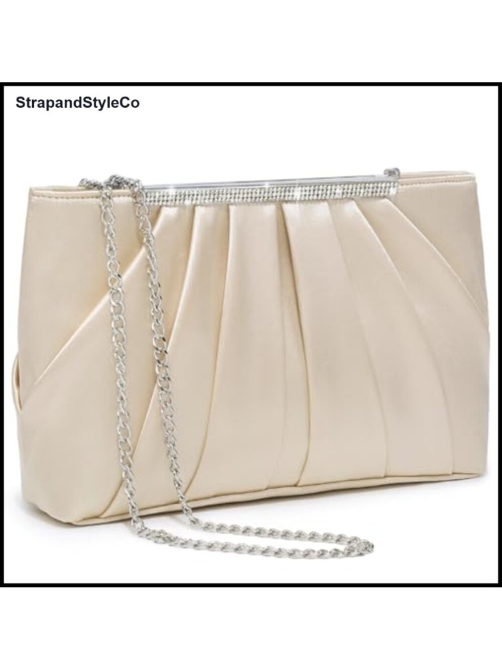 Pleated Rhinestone Evening Clutch with Chain Strap